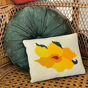 Vintage 1960s small throw pillows needlepoint and brocade green yellow flowers